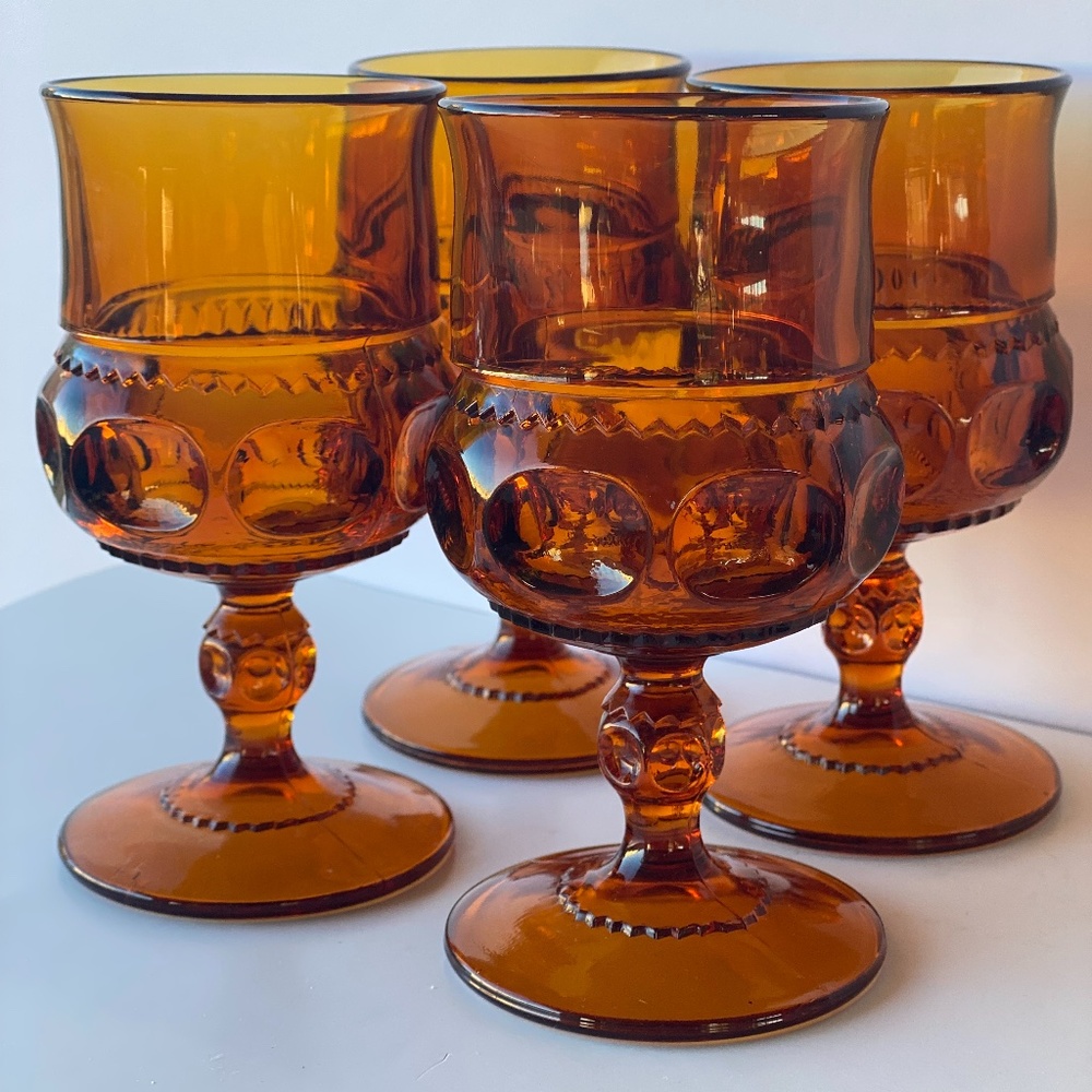 1960s Amber Set of 4 King’s Crown Thumbprint Wine Goblets